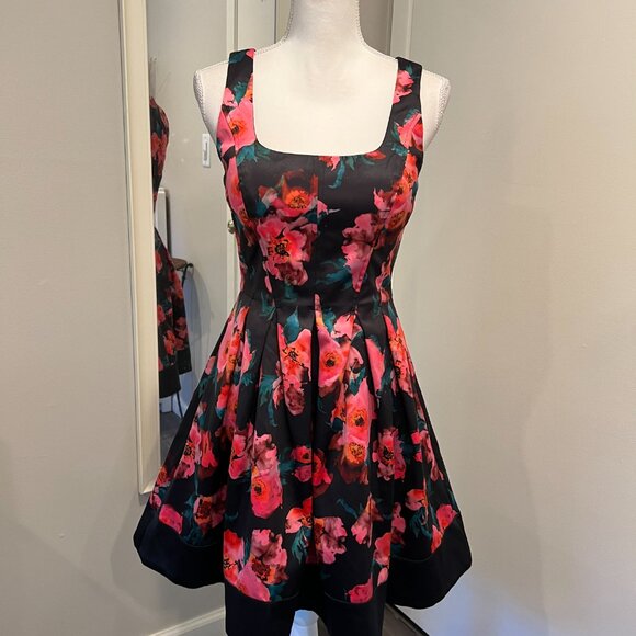 NWT French Connection Black Pink Floral Fit & Flare Mini Dress, Size 4 - Picture 3 of 16